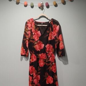 a.n.a Black Midi Dress with Red Floral Print